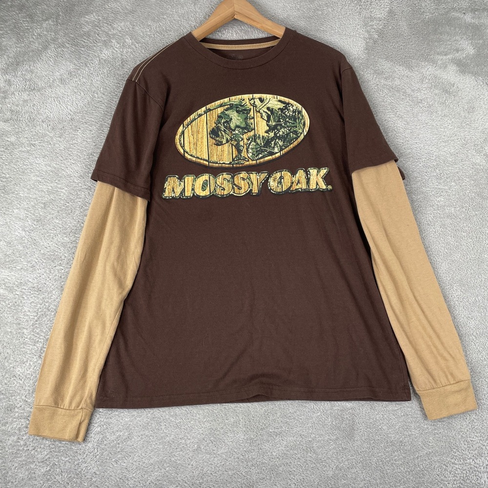 Mossy Oak Shirt Mens Large Brown Camo Y2K Layered Look Hunting Streetwear